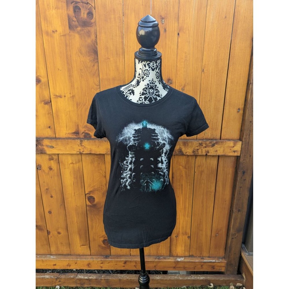 Doctor Who T-shirt Tee Turtle Top Medium Black Blue Dalek Fitted